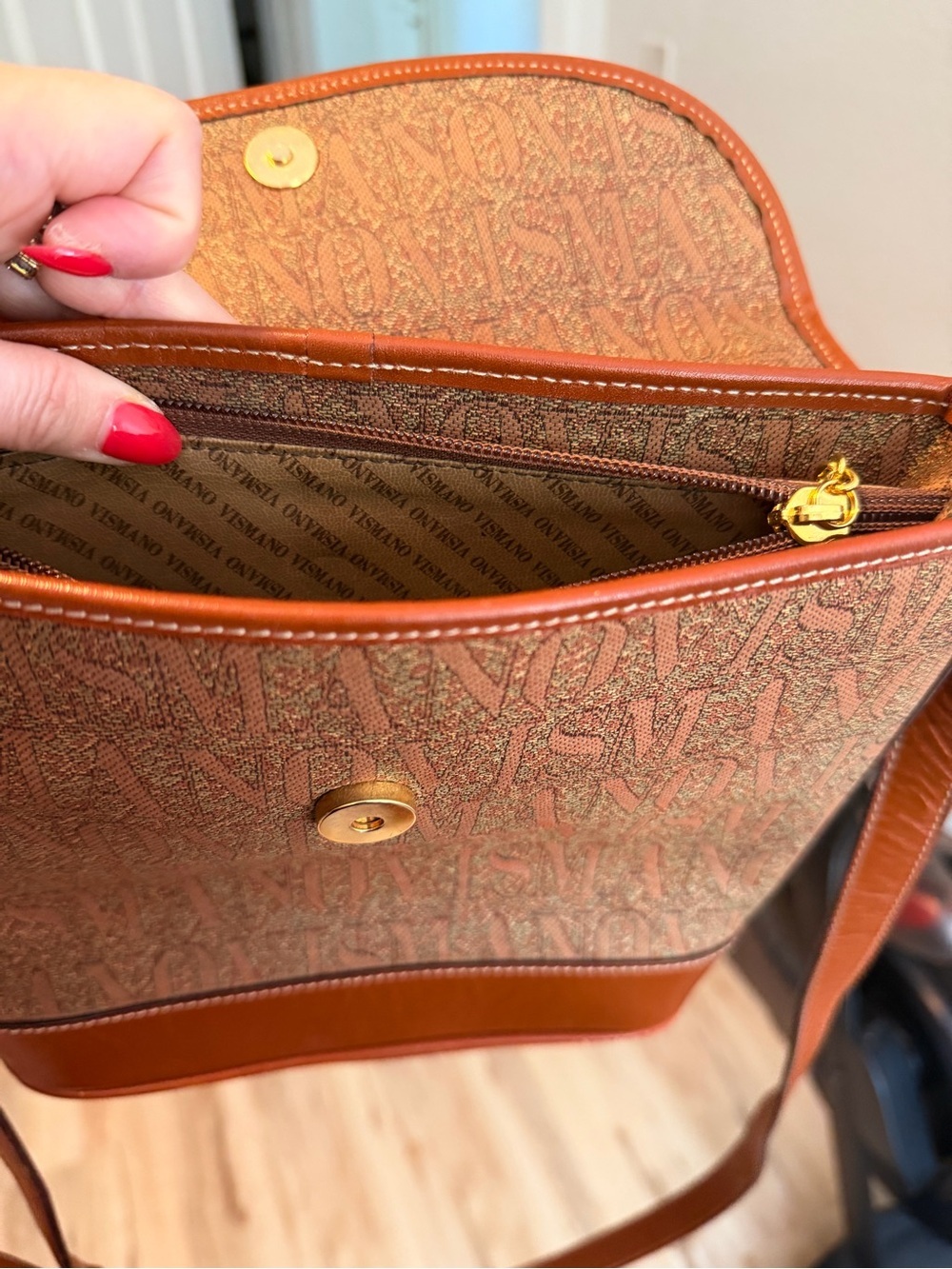 Flori Vismano Made In Italy Monogram Crossbody Bag Brown Leather Trim Y2K - Picture 6 of 10